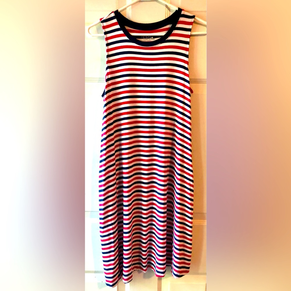 Time and Tru Red White Blue Stripe Rayon Knit Tank Dress Size Medium 2 Pockets